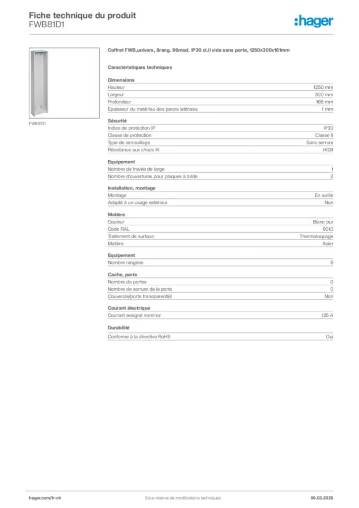 Image Hager Fiche technique du produit FWB81D1 | Hager Suisse