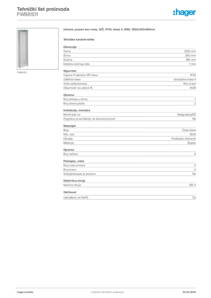 Slika Hager Tehnički list proizvoda FWB81D1  | Hager