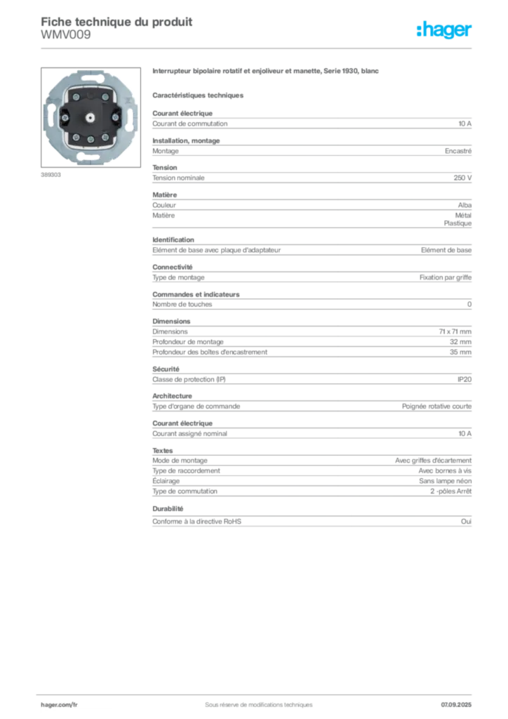 Image Hager Fiche technique du produit WMV009 | Hager France