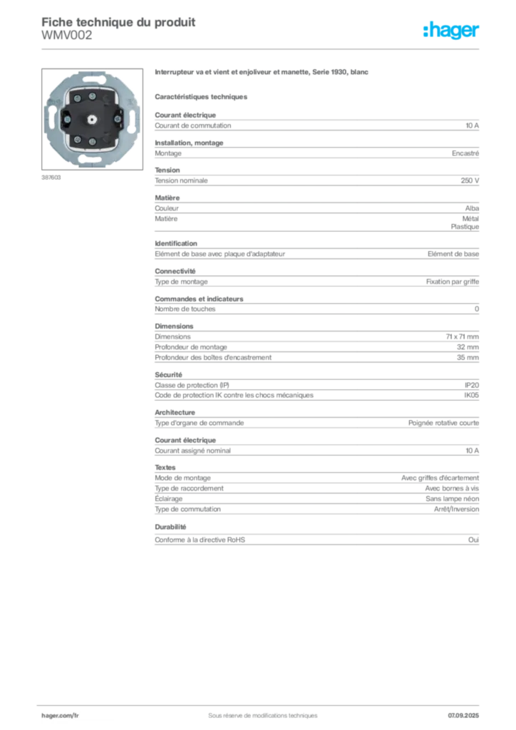 Image Hager Fiche technique du produit WMV002 | Hager France