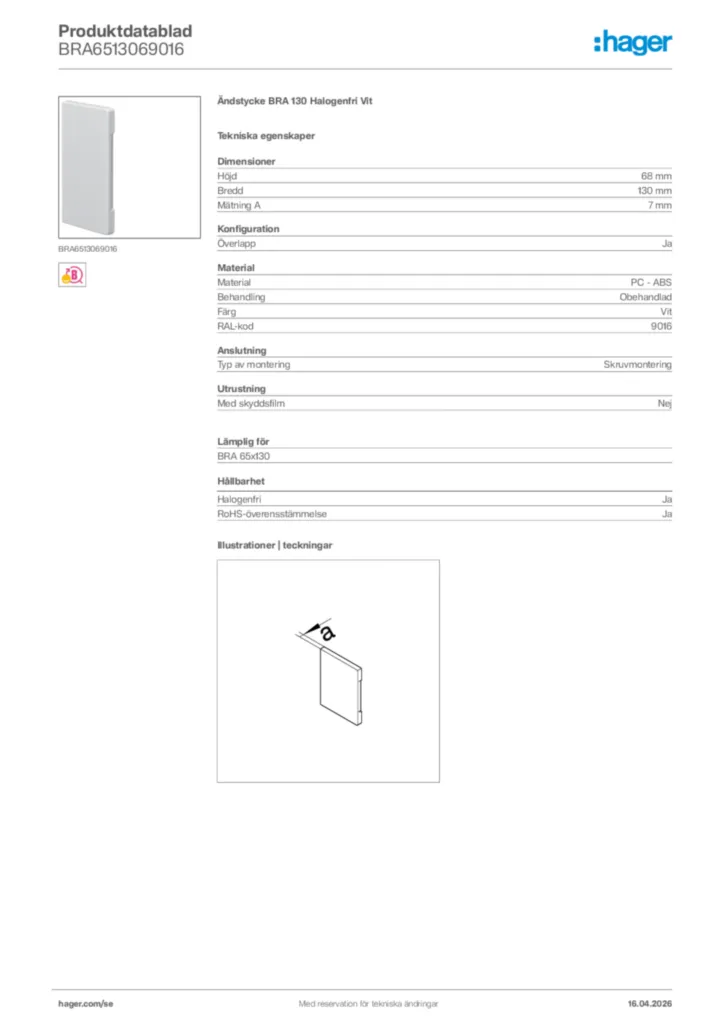 Bild Hager Produktdatablad BRA6513069016 | Hager Sverige
