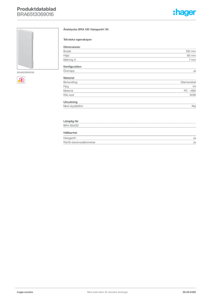 Bild Hager Produktdatablad BRA6513069016 | Hager Sverige