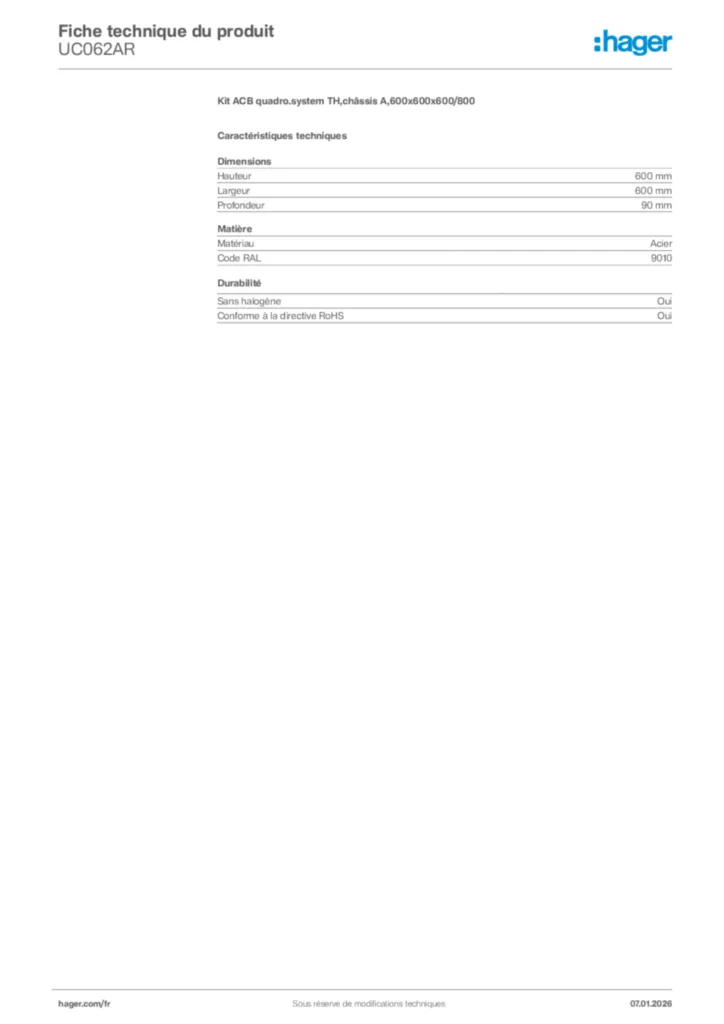 Image Hager Fiche technique du produit UC062AR | Hager France