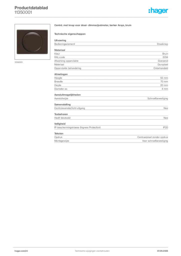 Afbeelding Hager Productdatablad 11350001 | Hager Nederland