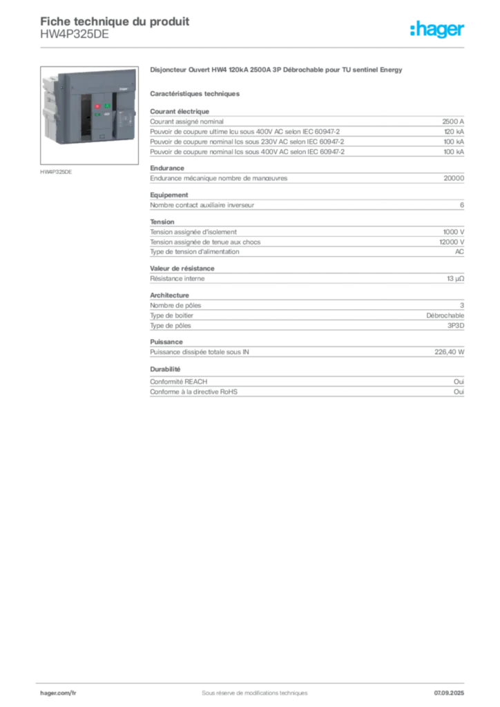 Image Hager Fiche technique du produit HW4P325DE | Hager France