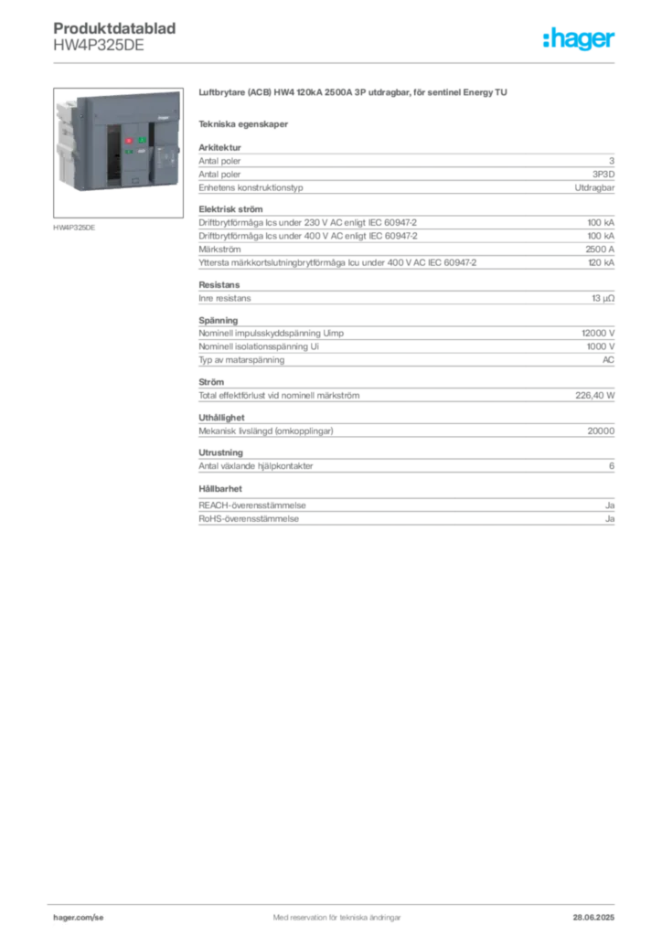 Bild Hager Produktdatablad HW4P325DE | Hager Sverige