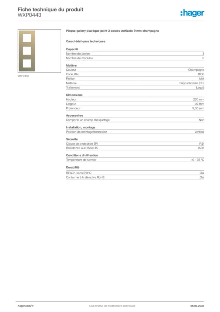 Image Hager Fiche technique du produit WXP0443 | Hager France