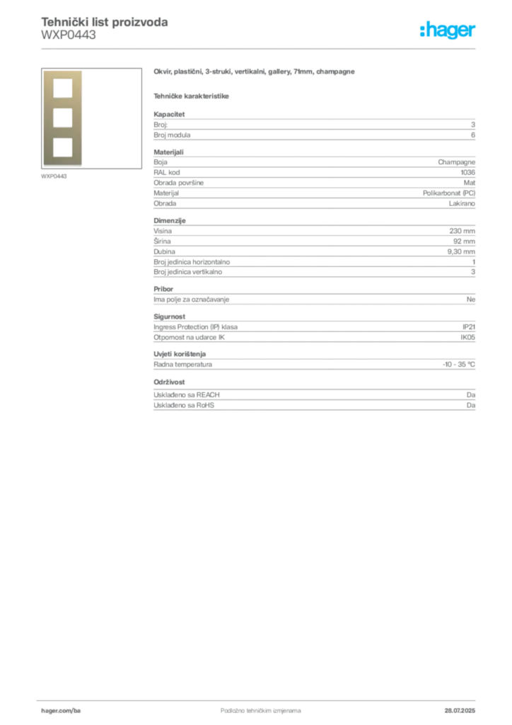 Slika Hager Product data sheet WXP0443  | Hager