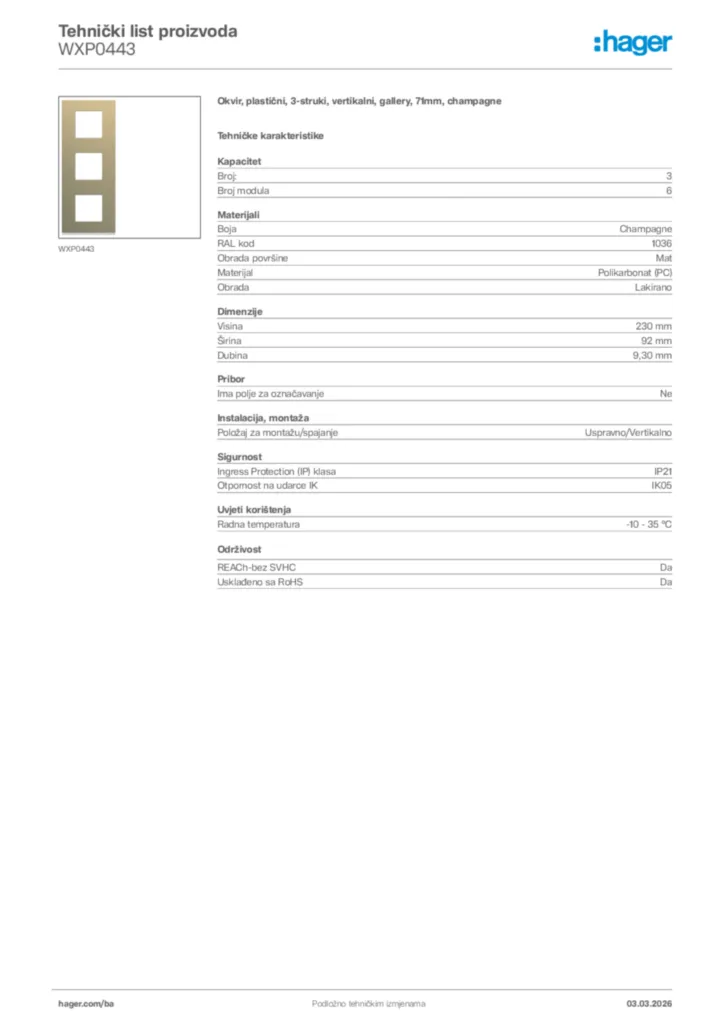 Slika Hager Tehnički list proizvoda WXP0443  | Hager