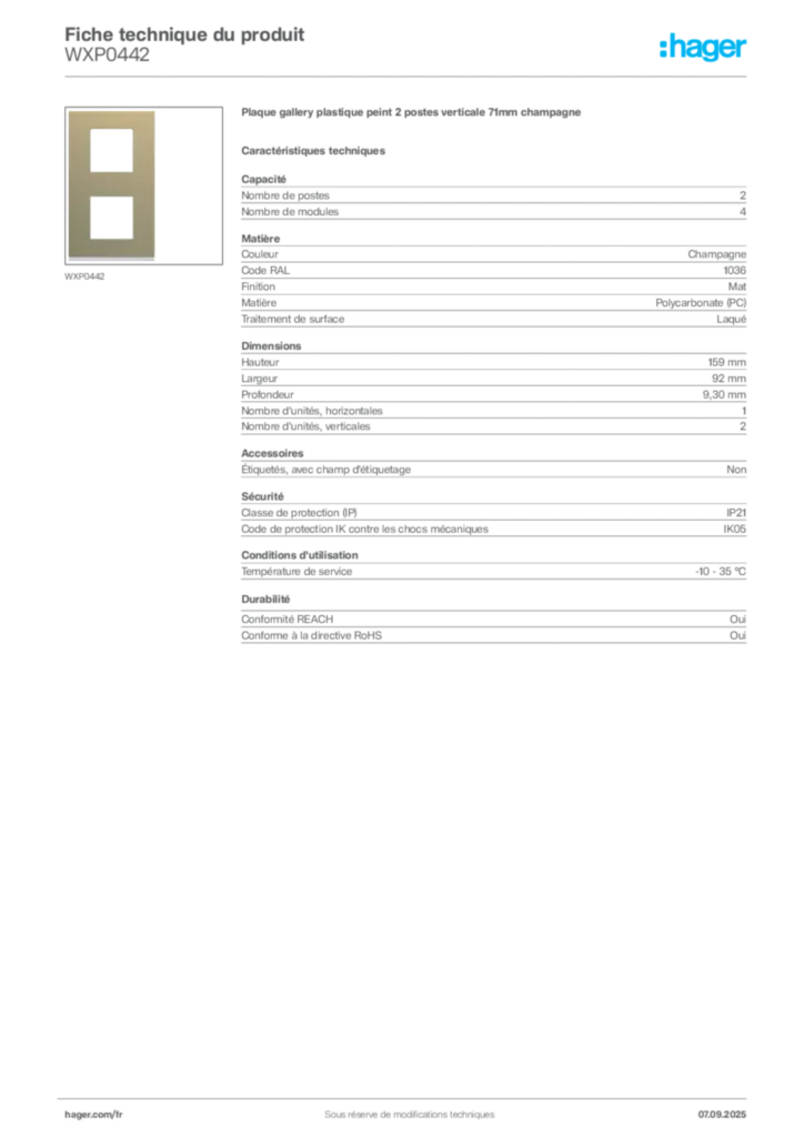 Image Hager Fiche technique du produit WXP0442 | Hager France