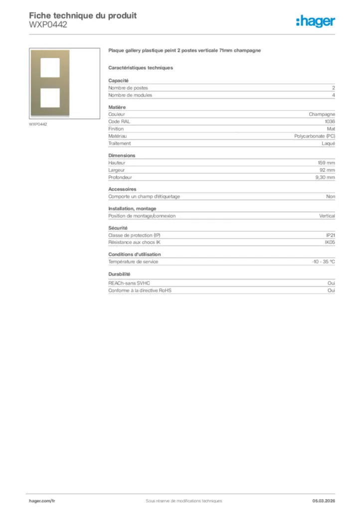 Image Hager Fiche technique du produit WXP0442 | Hager France