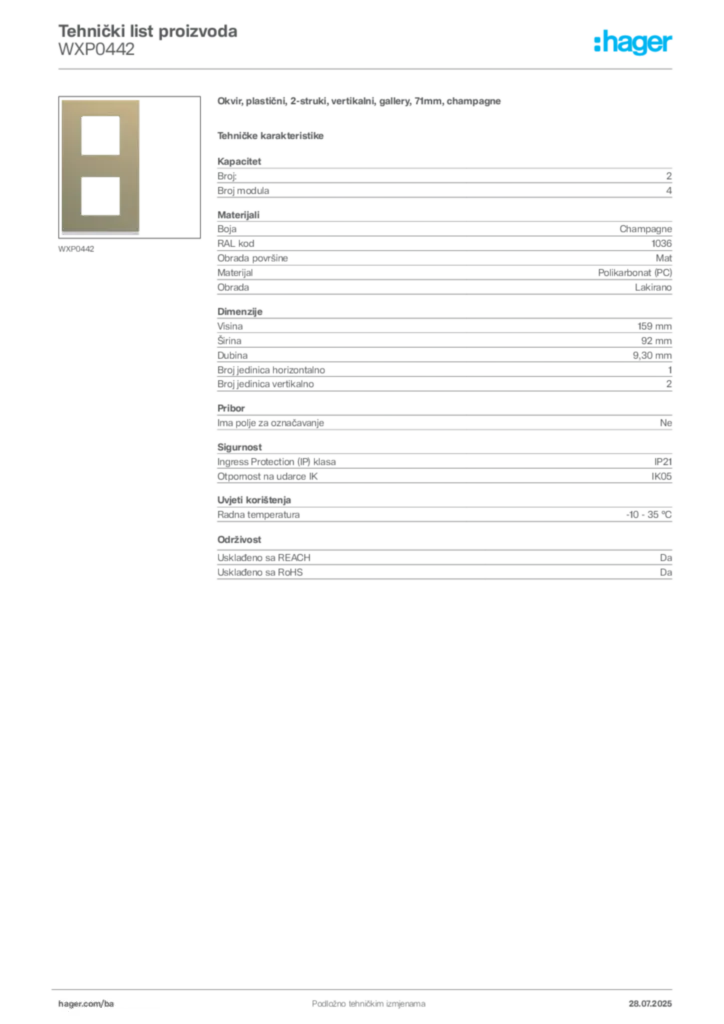 Slika Hager Product data sheet WXP0442  | Hager