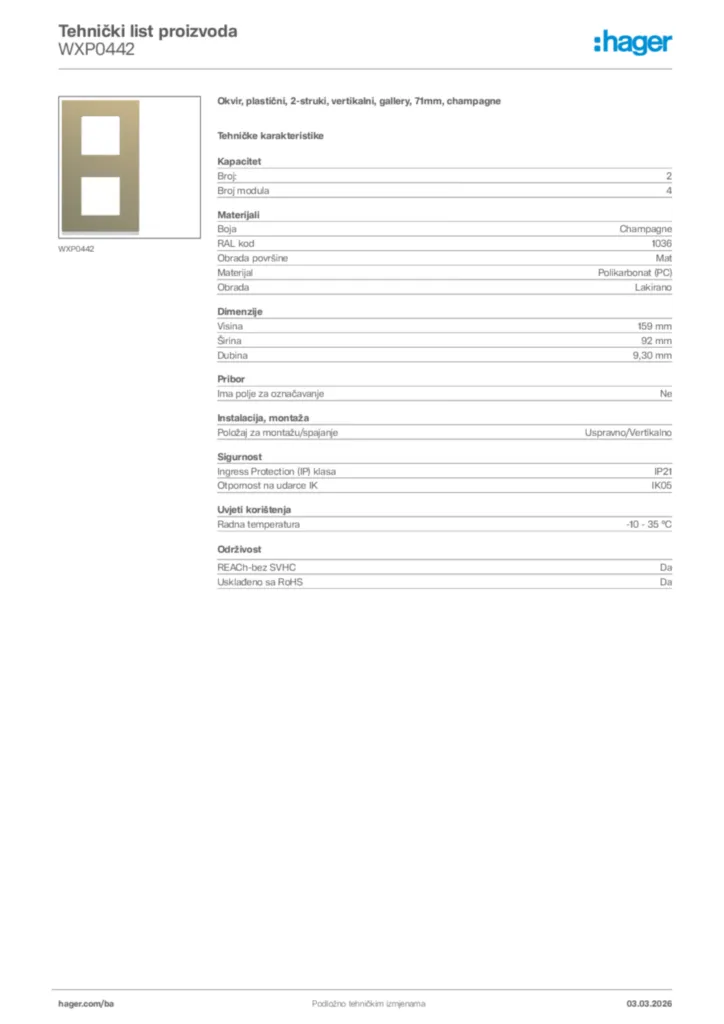 Slika Hager Tehnički list proizvoda WXP0442  | Hager