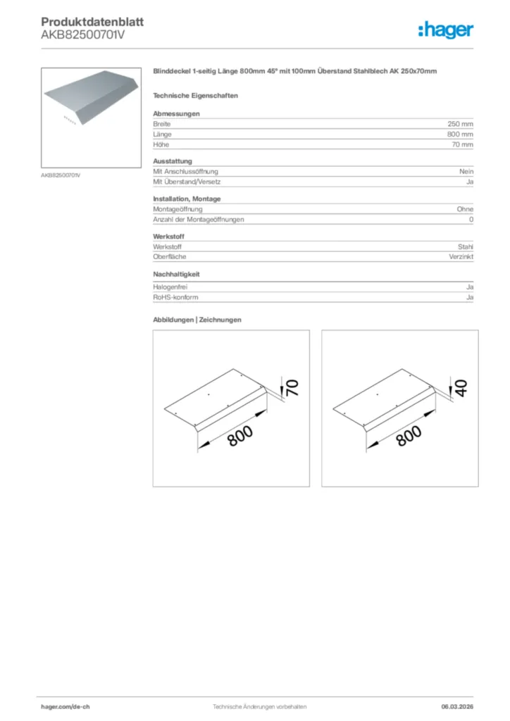 Bild Hager Produktdatenblatt AKB82500701V | Hager Schweiz