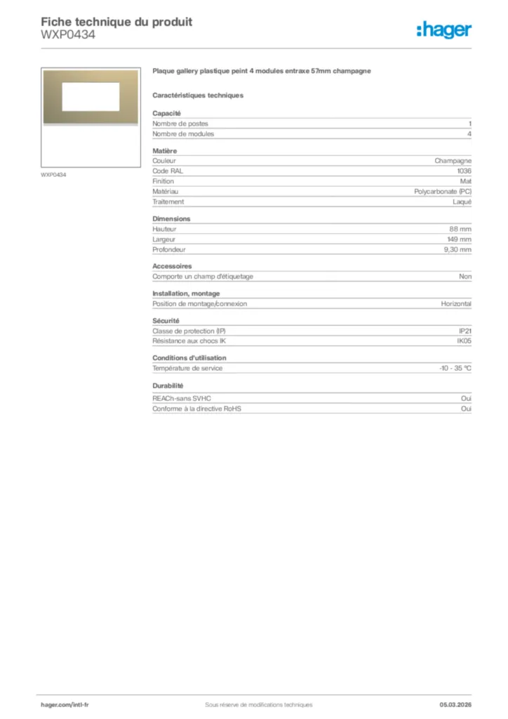 Image Hager Fiche technique du produit WXP0434 | Hager Afrique