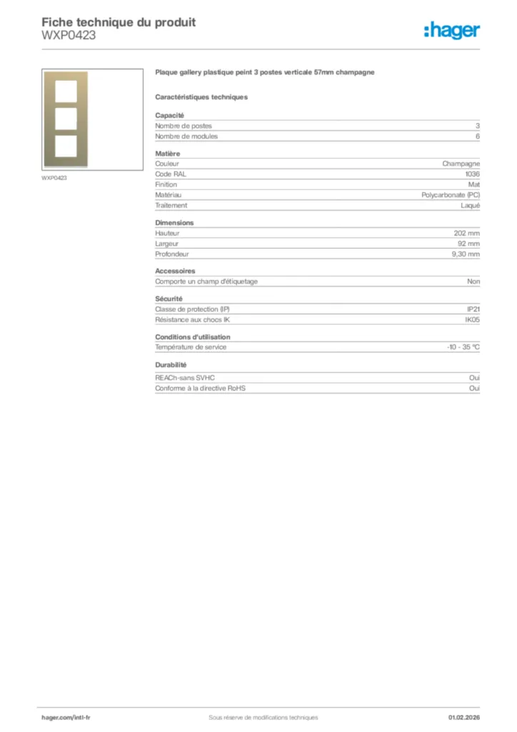 Image Hager Fiche technique du produit WXP0423 | Hager Afrique