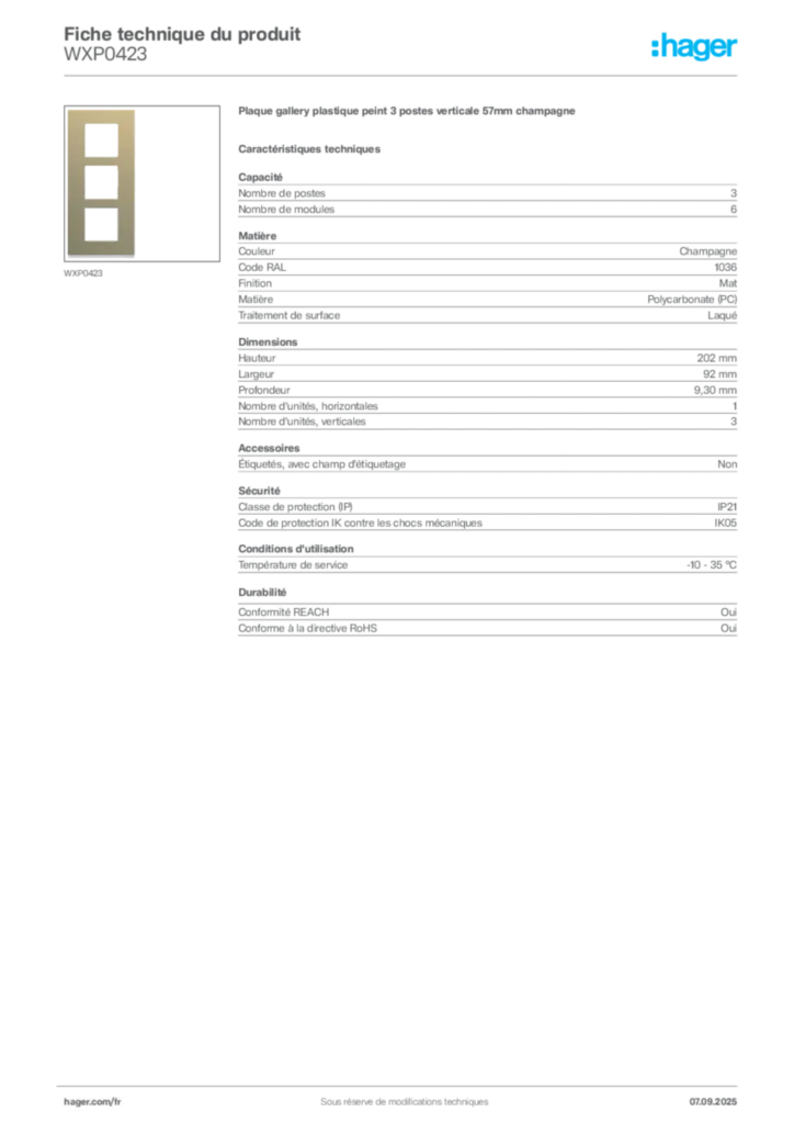 Image Hager Fiche technique du produit WXP0423 | Hager France
