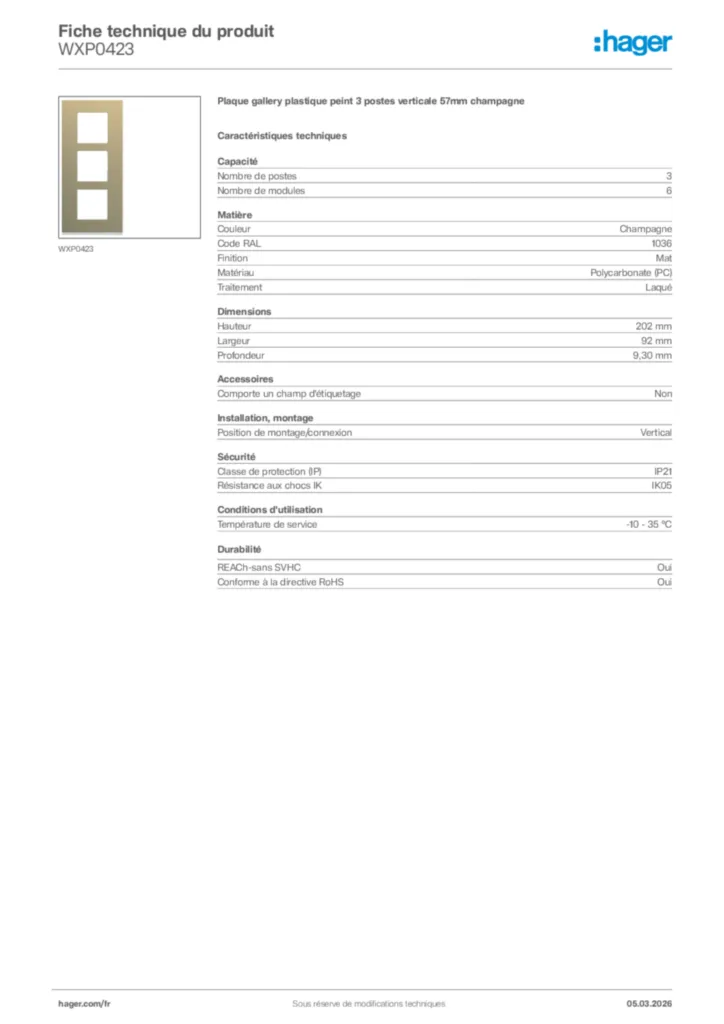 Image Hager Fiche technique du produit WXP0423 | Hager France
