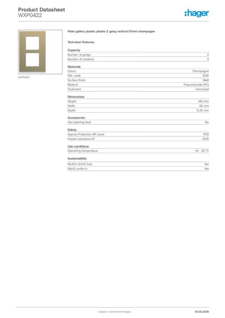 Image Hager Product data sheet WXP0422  | Hager Africa