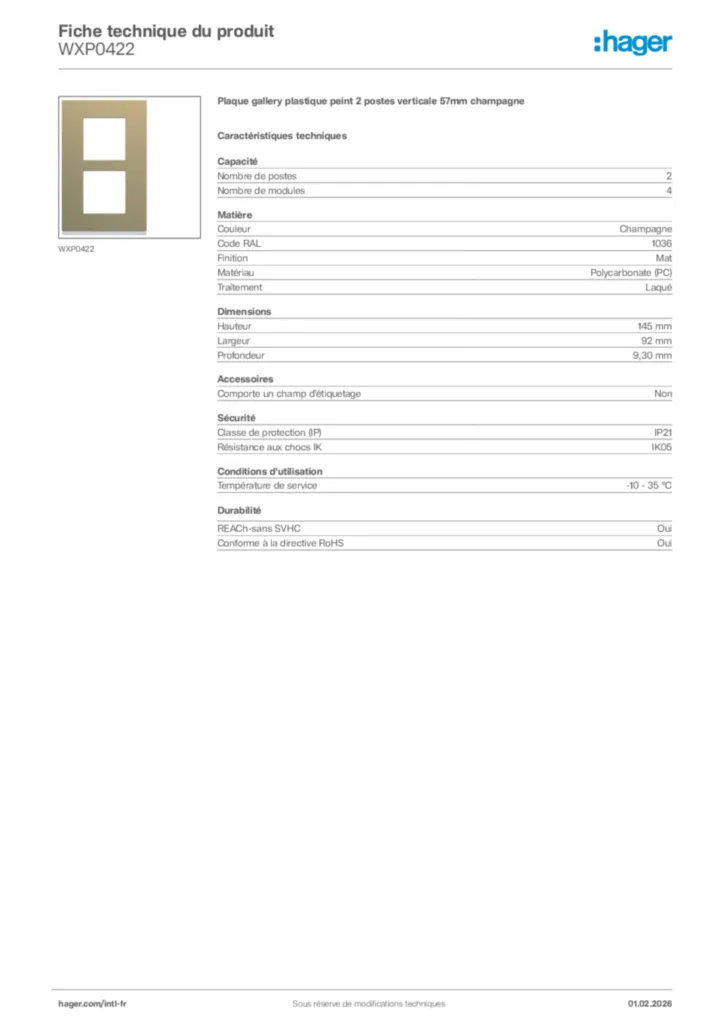 Image Hager Fiche technique du produit WXP0422 | Hager Afrique