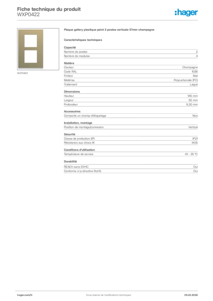 Image Hager Fiche technique du produit WXP0422 | Hager France