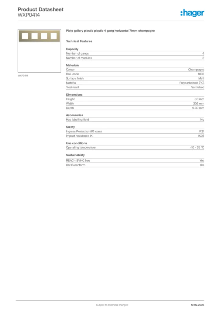 Image Hager Product data sheet WXP0414  | Hager Africa