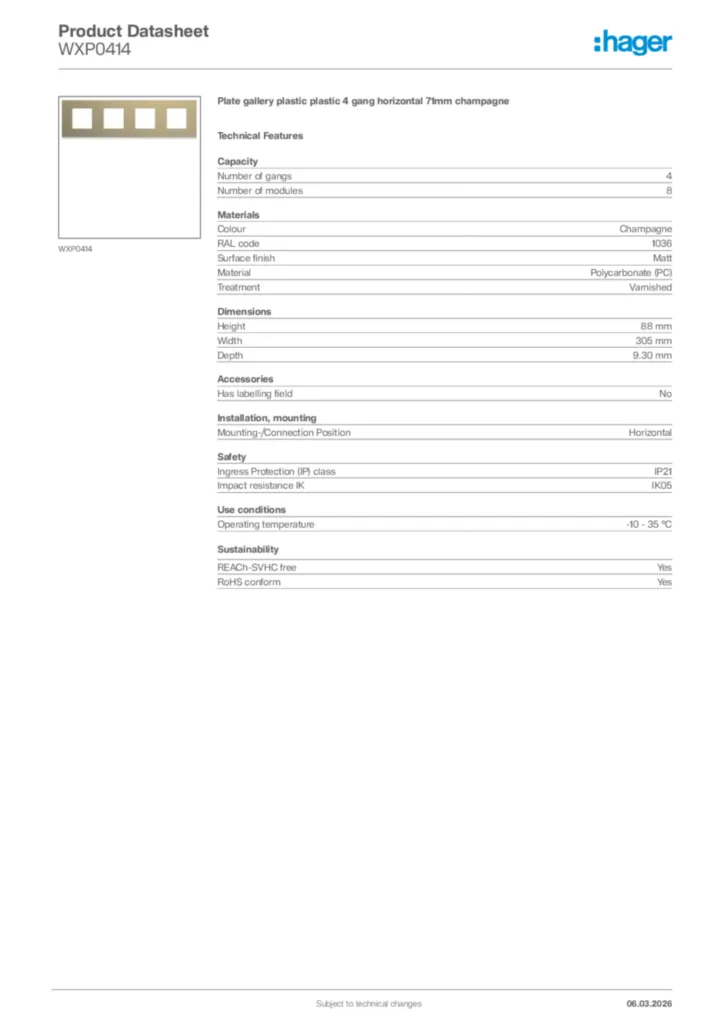 Image Hager Product data sheet WXP0414  | Hager Africa
