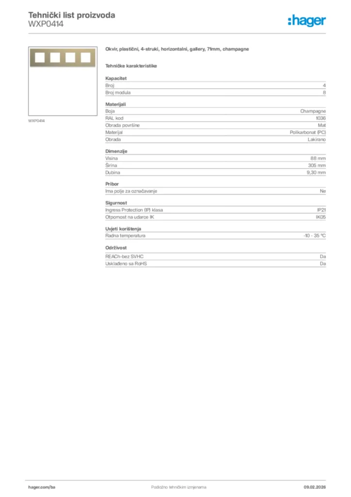 Slika Hager Tehnički list proizvoda WXP0414  | Hager