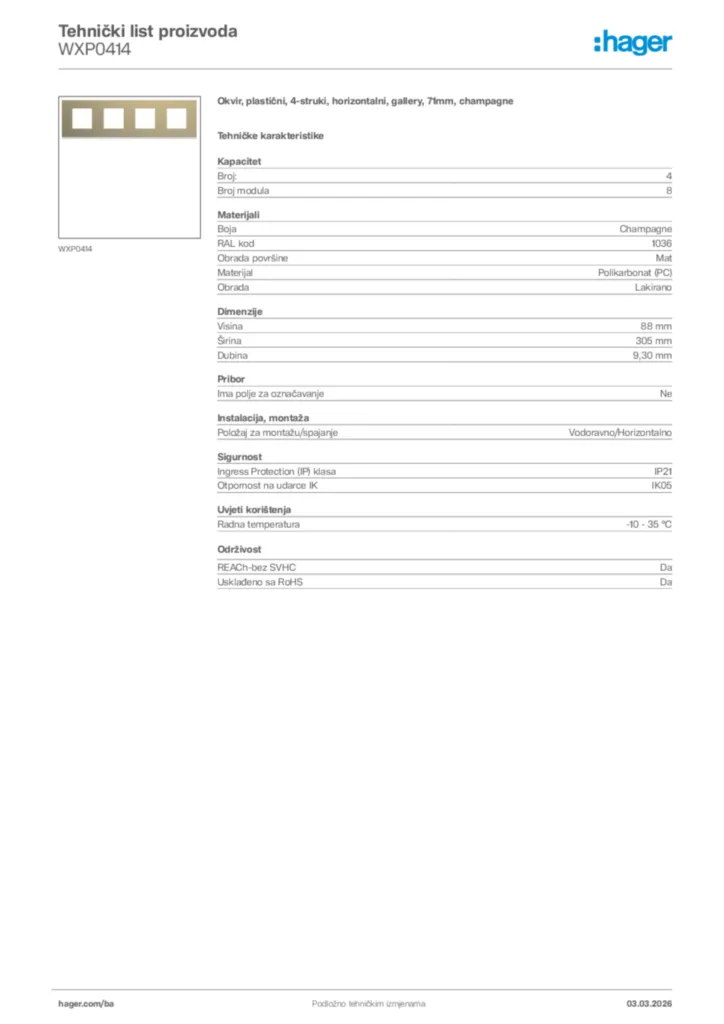 Slika Hager Tehnički list proizvoda WXP0414  | Hager