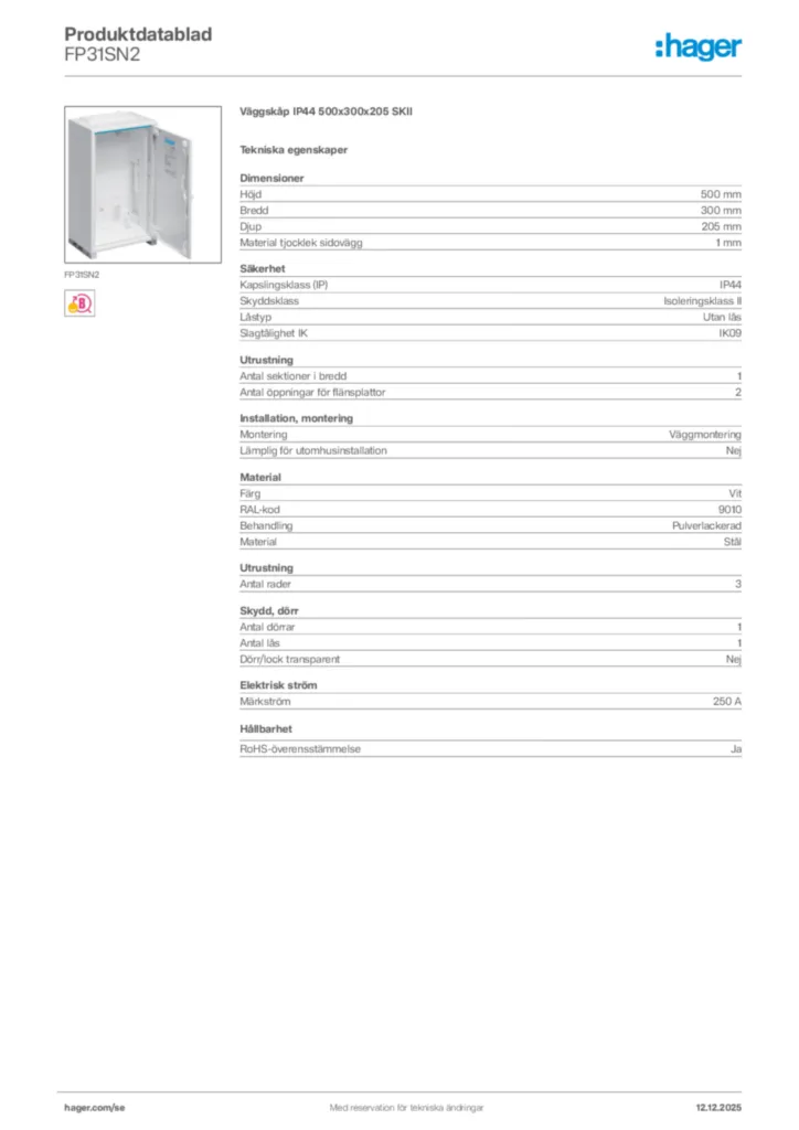Bild Hager Produktdatablad FP31SN2 | Hager Sverige