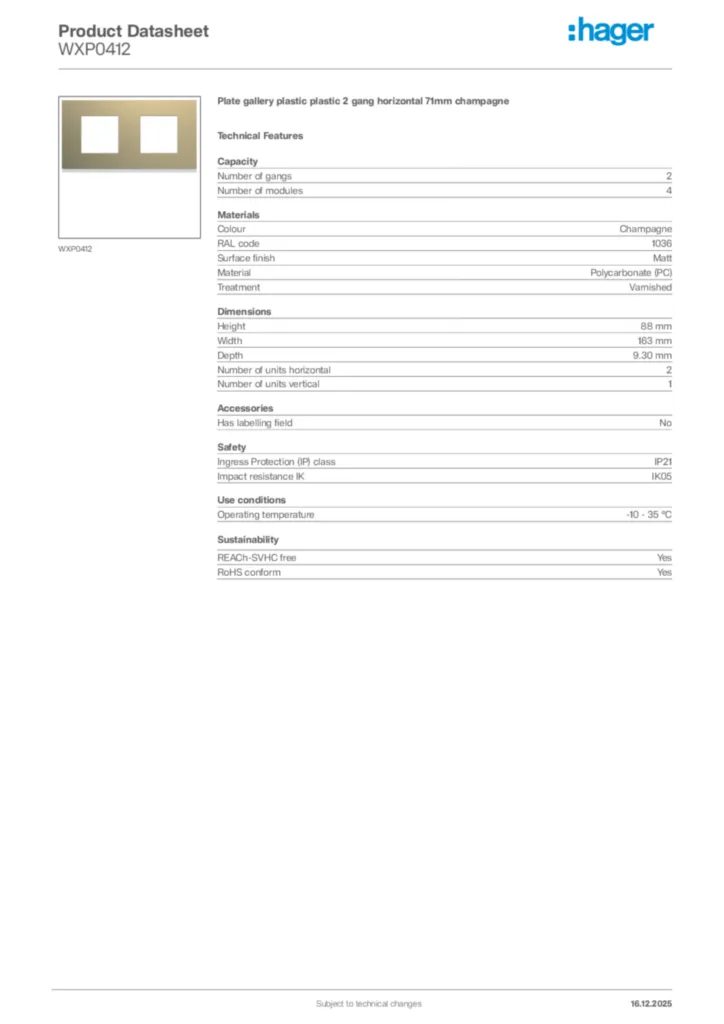 Image Hager Product data sheet WXP0412  | Hager Africa