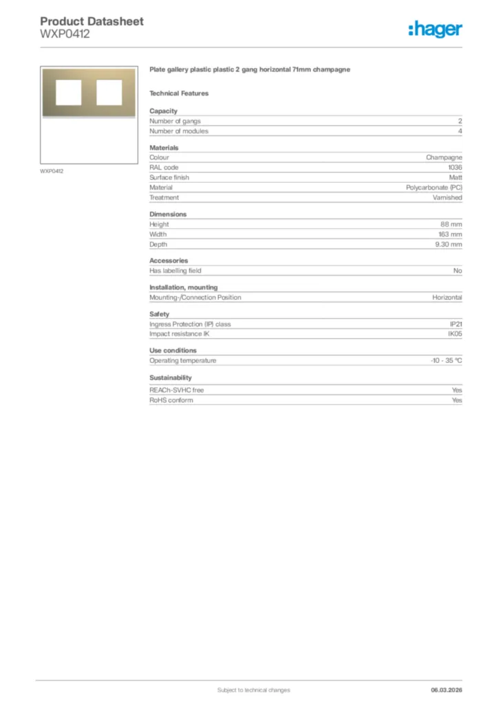 Image Hager Product data sheet WXP0412  | Hager Africa