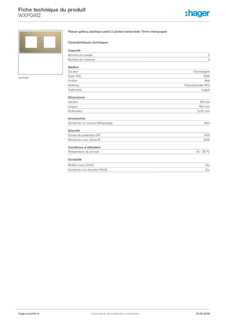Image Hager Fiche technique du produit WXP0412 | Hager Afrique