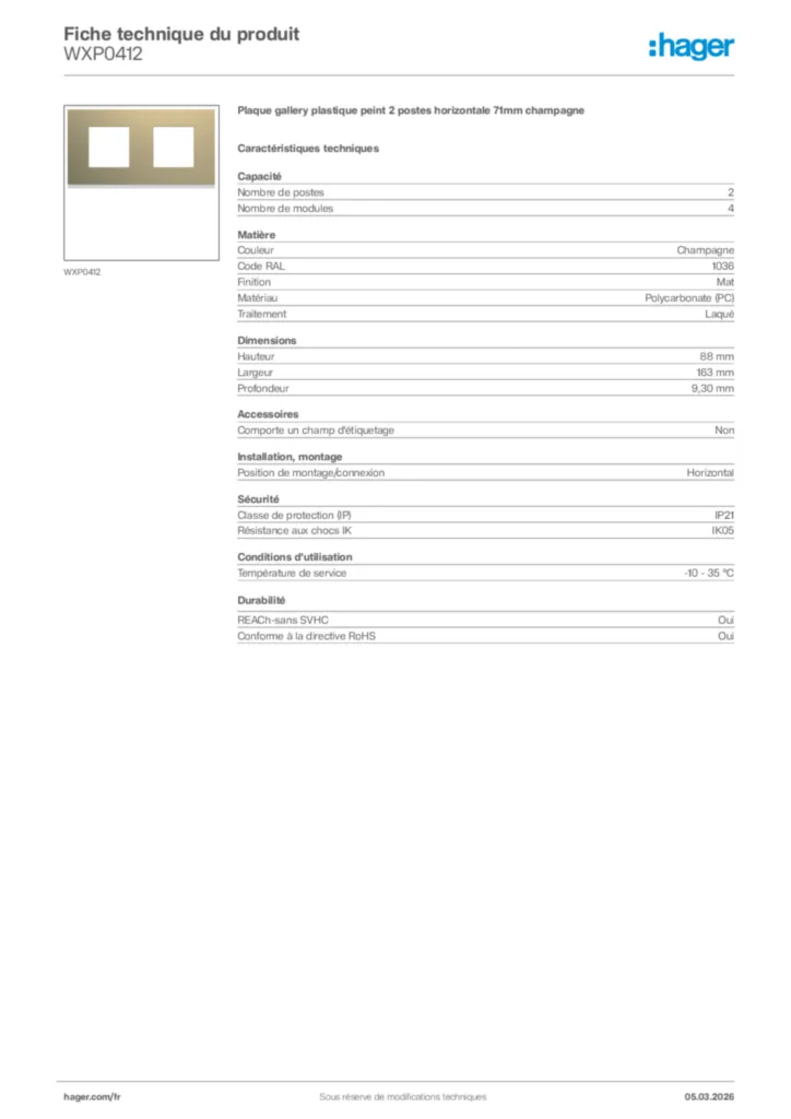 Image Hager Fiche technique du produit WXP0412 | Hager France