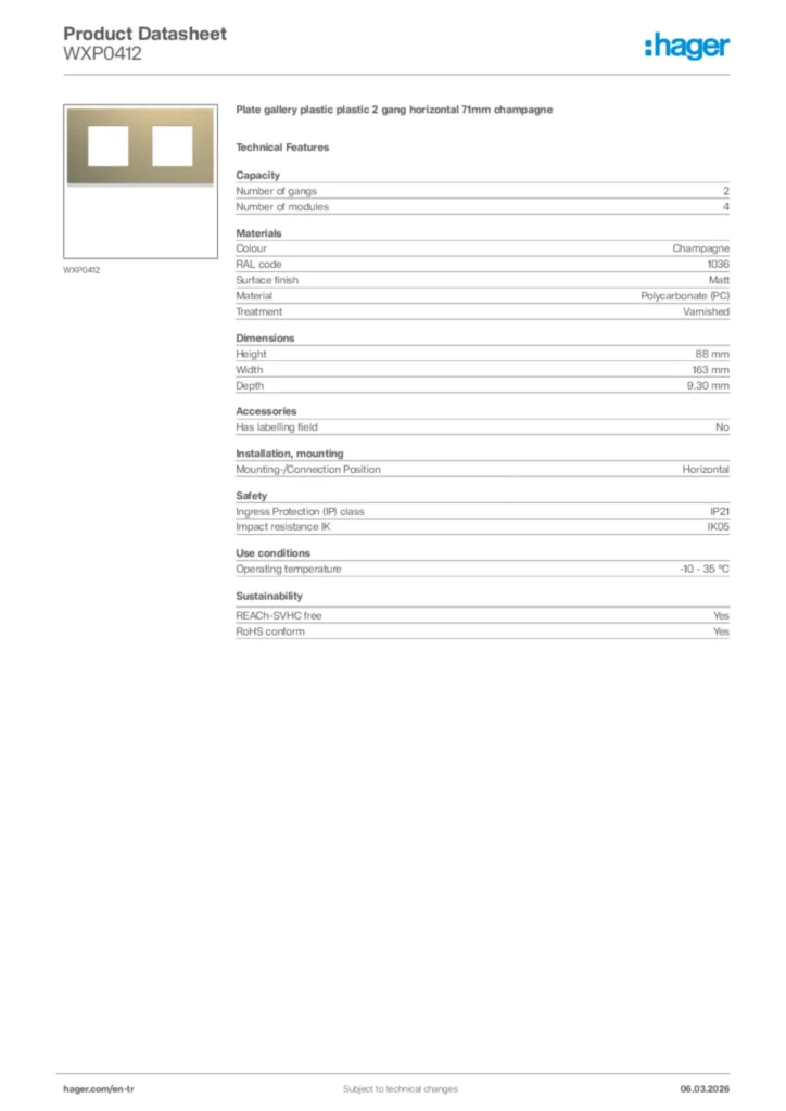 Image Hager Product data sheet WXP0412  | Hager