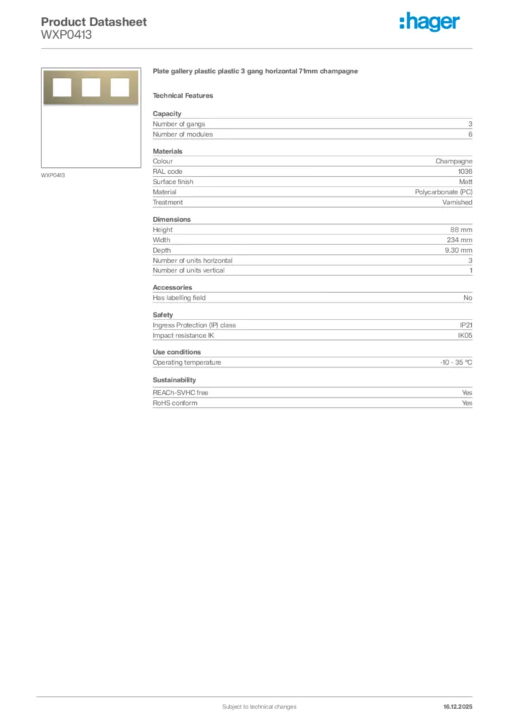 Image Hager Product data sheet WXP0413  | Hager Africa