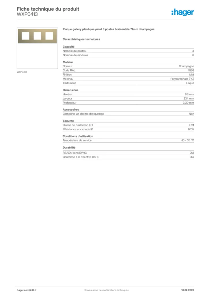 Image Hager Fiche technique du produit WXP0413 | Hager Afrique