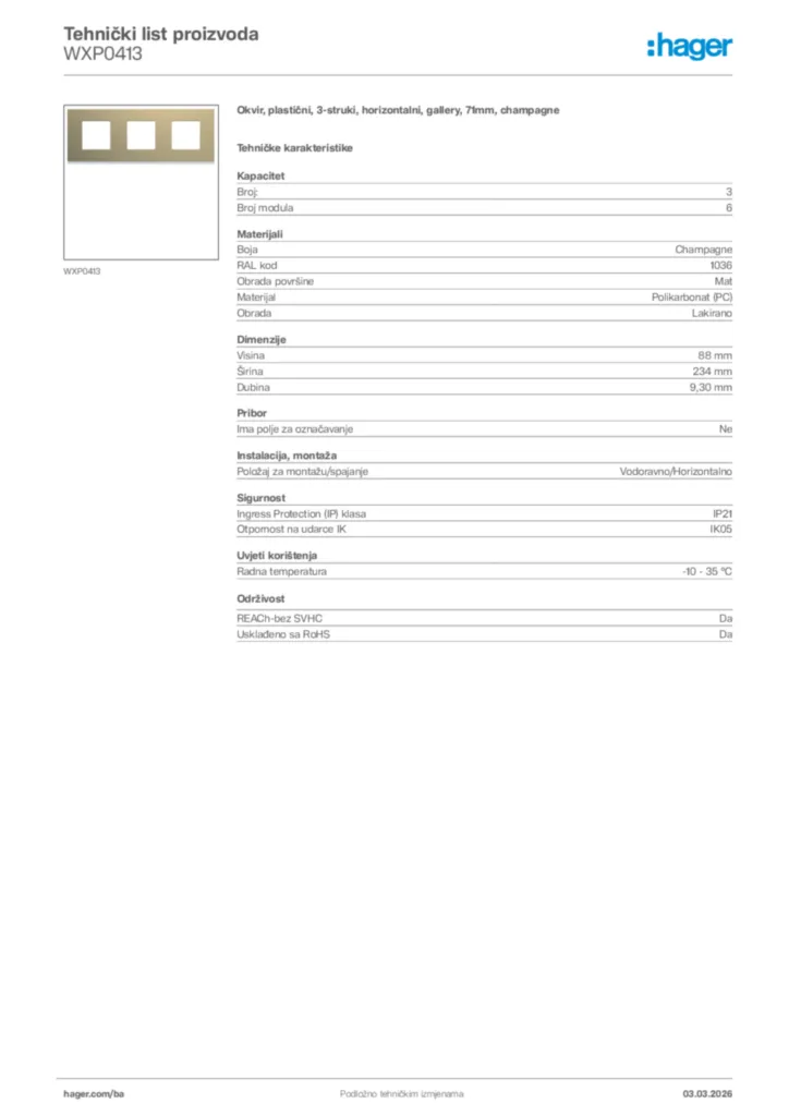 Slika Hager Tehnički list proizvoda WXP0413  | Hager