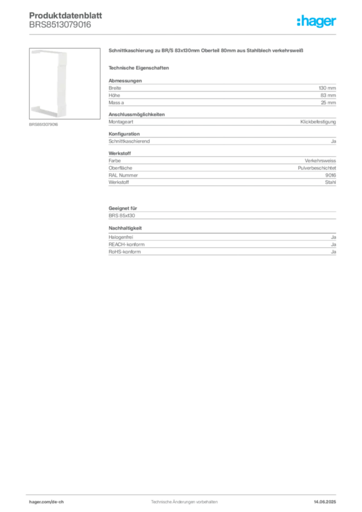 Bild Hager Produktdatenblatt BRS8513079016 | Hager Schweiz