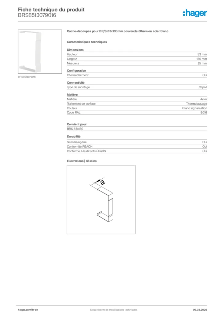 Image Hager Fiche technique du produit BRS8513079016 | Hager Suisse