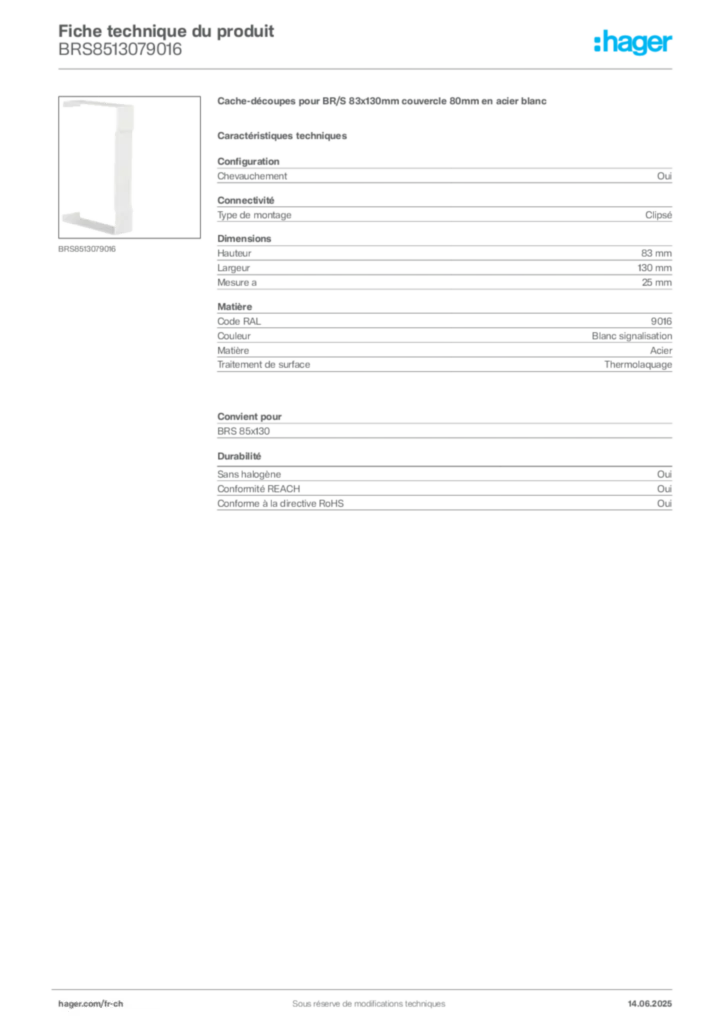 Image Hager Fiche technique du produit BRS8513079016 | Hager Suisse