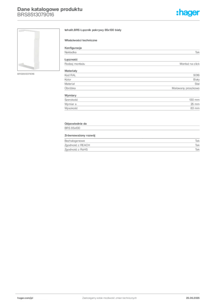 Zdjęcie Hager Karta katalogowa BRS8513079016 | Hager Polska