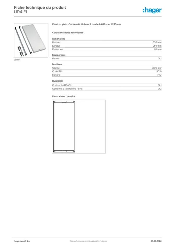 Image Hager Fiche technique du produit UD41F1 | Hager Belgique
