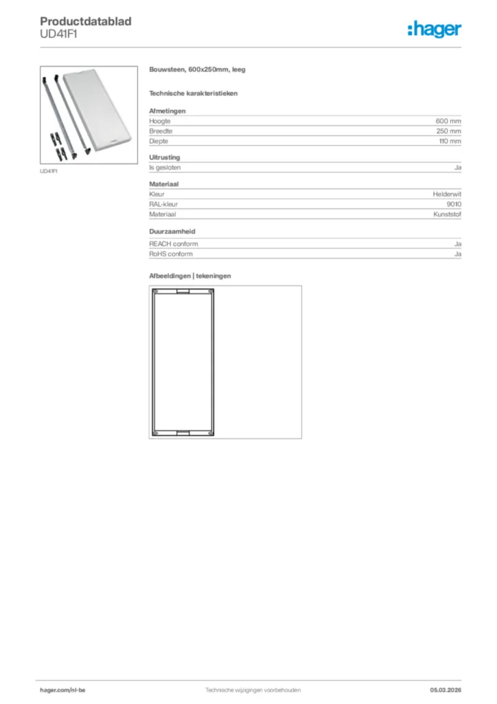 Afbeelding Hager Productdatablad UD41F1 | Hager Belgium