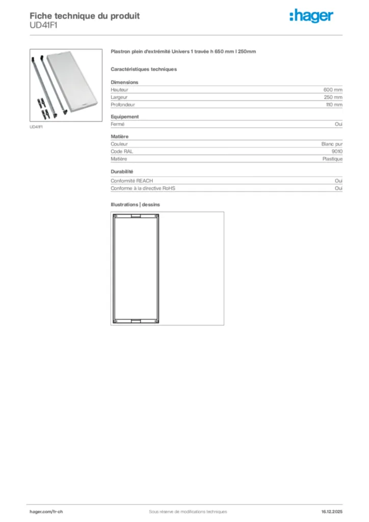 Image Hager Fiche technique du produit UD41F1 | Hager Suisse