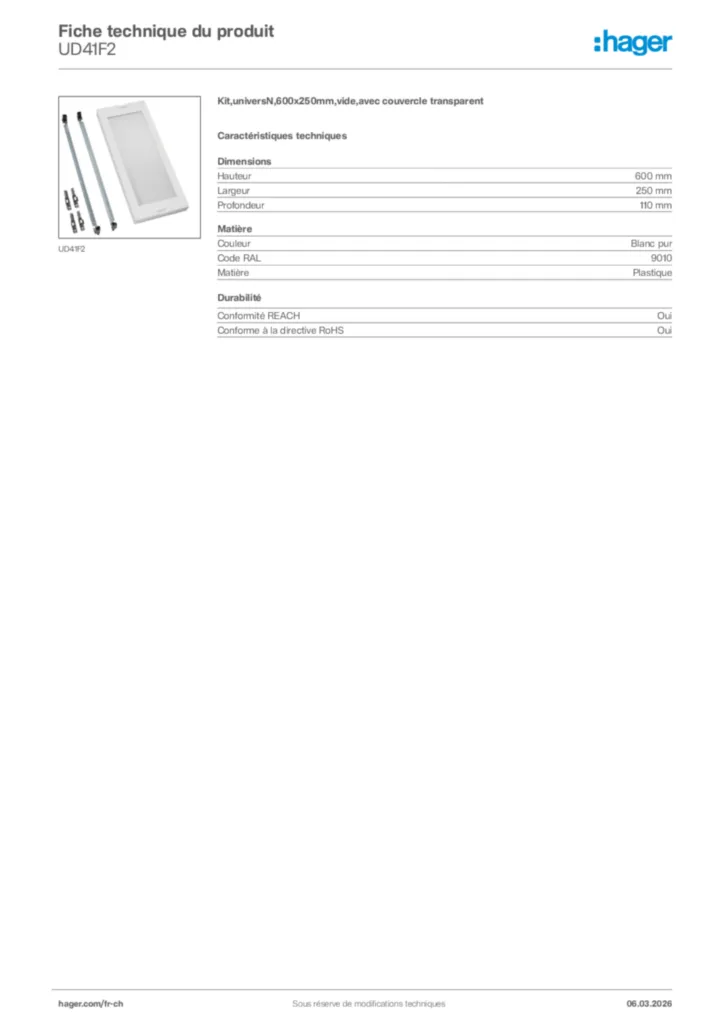 Image Hager Fiche technique du produit UD41F2 | Hager Suisse