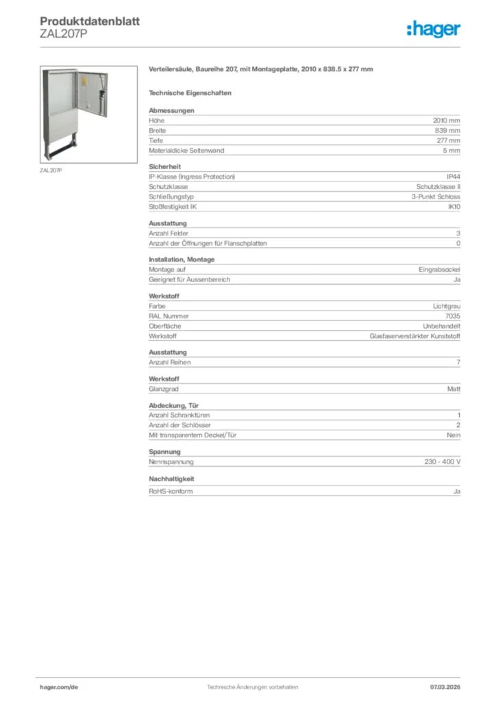Bild Hager Produktdatenblatt ZAL207P | Hager Deutschland