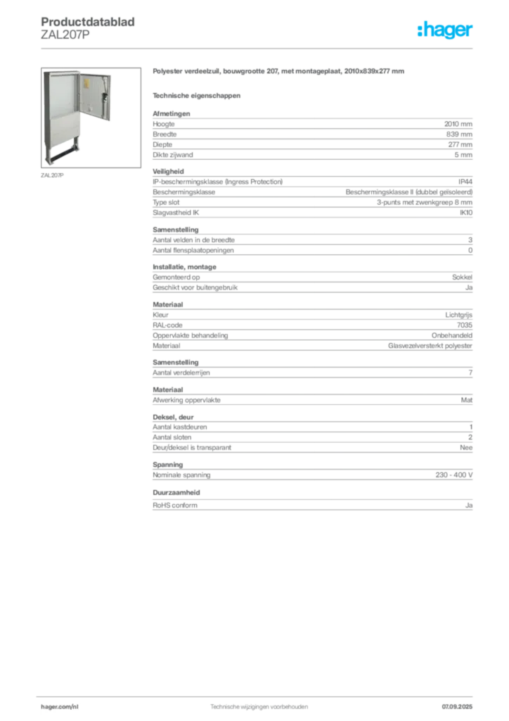 Afbeelding Hager Productdatablad ZAL207P | Hager Nederland