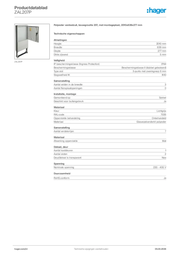 Afbeelding Hager Productdatablad ZAL207P | Hager Nederland