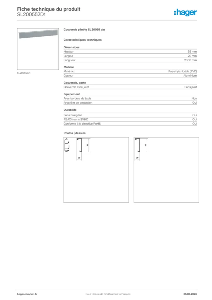 Image Hager Fiche technique du produit SL200552D1 | Hager Afrique